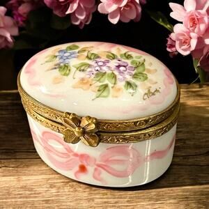 Authentic Signed Limoges Mini Pink Bow Floral Trinket Box, First Tooth, Ring Box